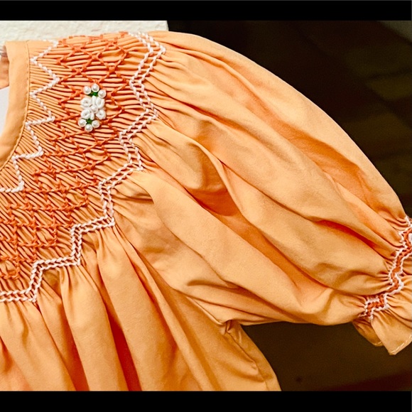 Tangerine Bishop Dress:Smocked Flowers & Pearls 6M - Picture 5 of 8